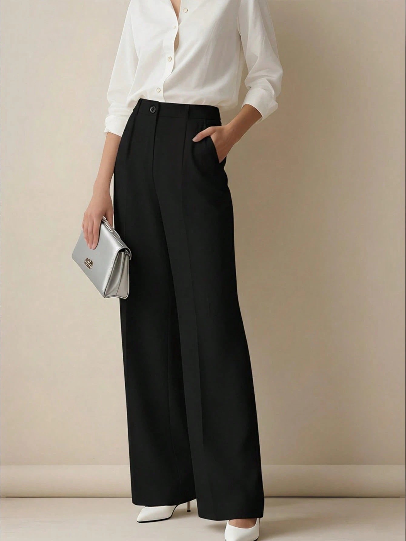 Women's High-Waist Wide-Leg Casual Pants in Black