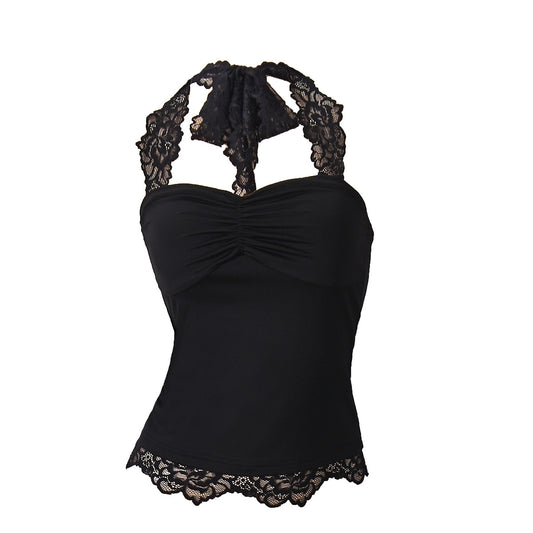 Women's black backless lace strap halter top