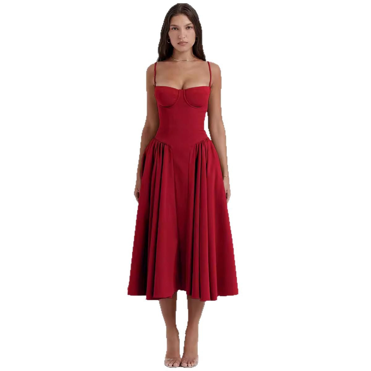 French-Inspired Retro Midi Dress with Adjustable Straps - Light Blue