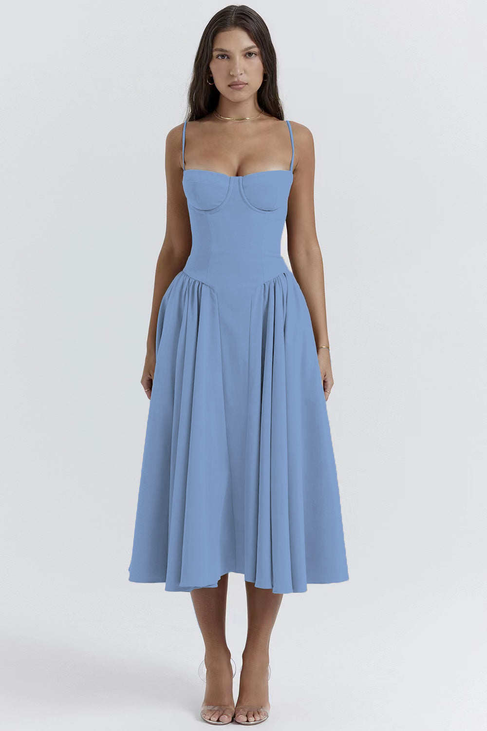 French-Inspired Retro Midi Dress with Adjustable Straps - Gray Green