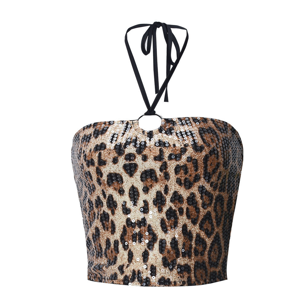 Women's Leopard Print Sequin Halter Crop Top