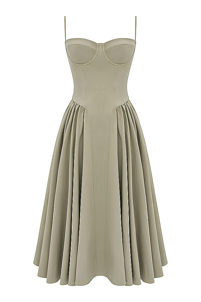 French-Inspired Retro Midi Dress with Adjustable Straps