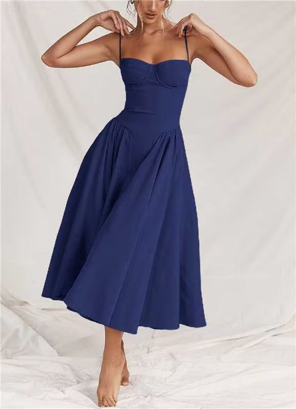 French-Inspired Retro Midi Dress with Adjustable Straps - Dark Blue