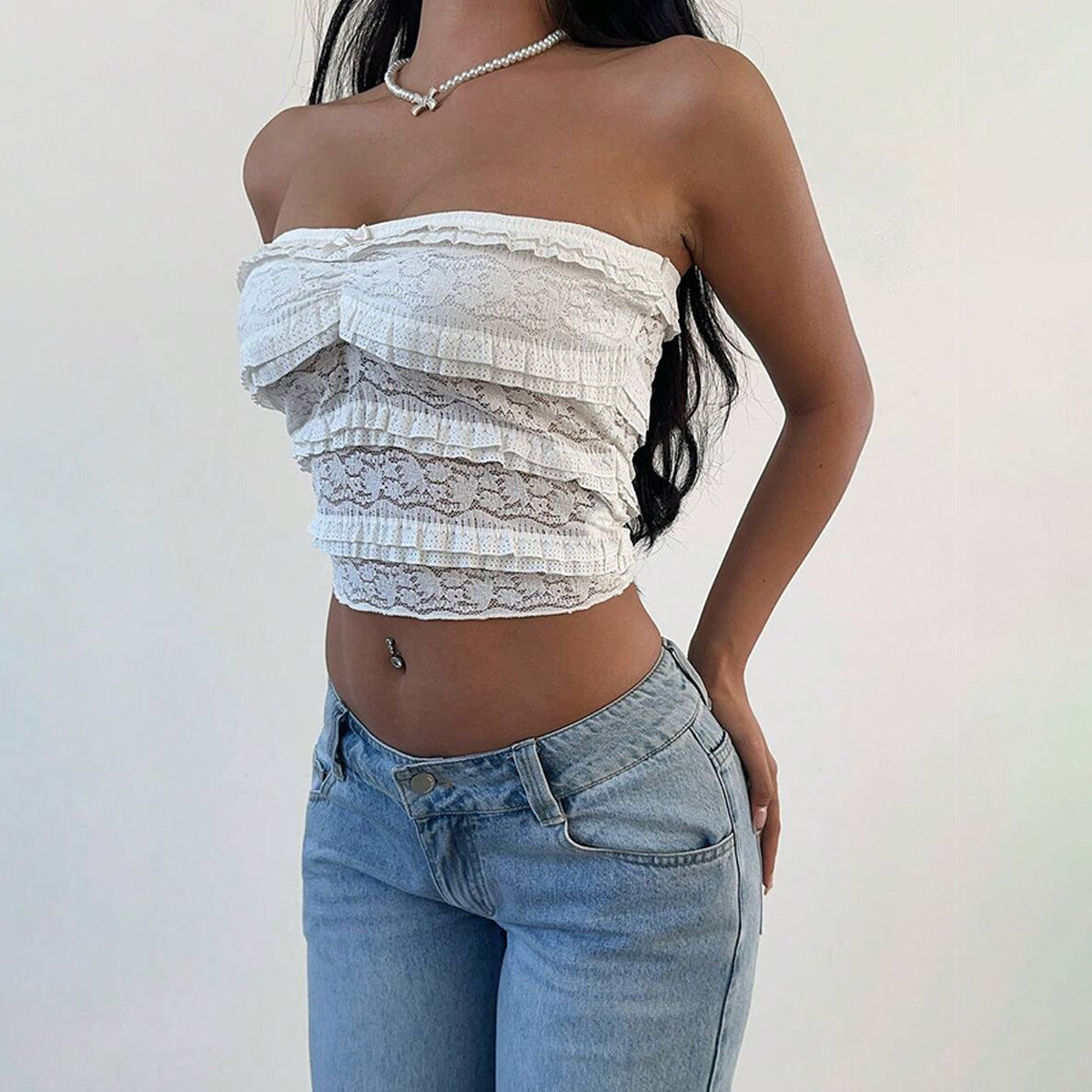 Women's white lace trim strapless tube top