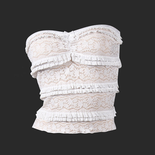 Women's Lace Trim Strapless Tube Top - Slim Fit White