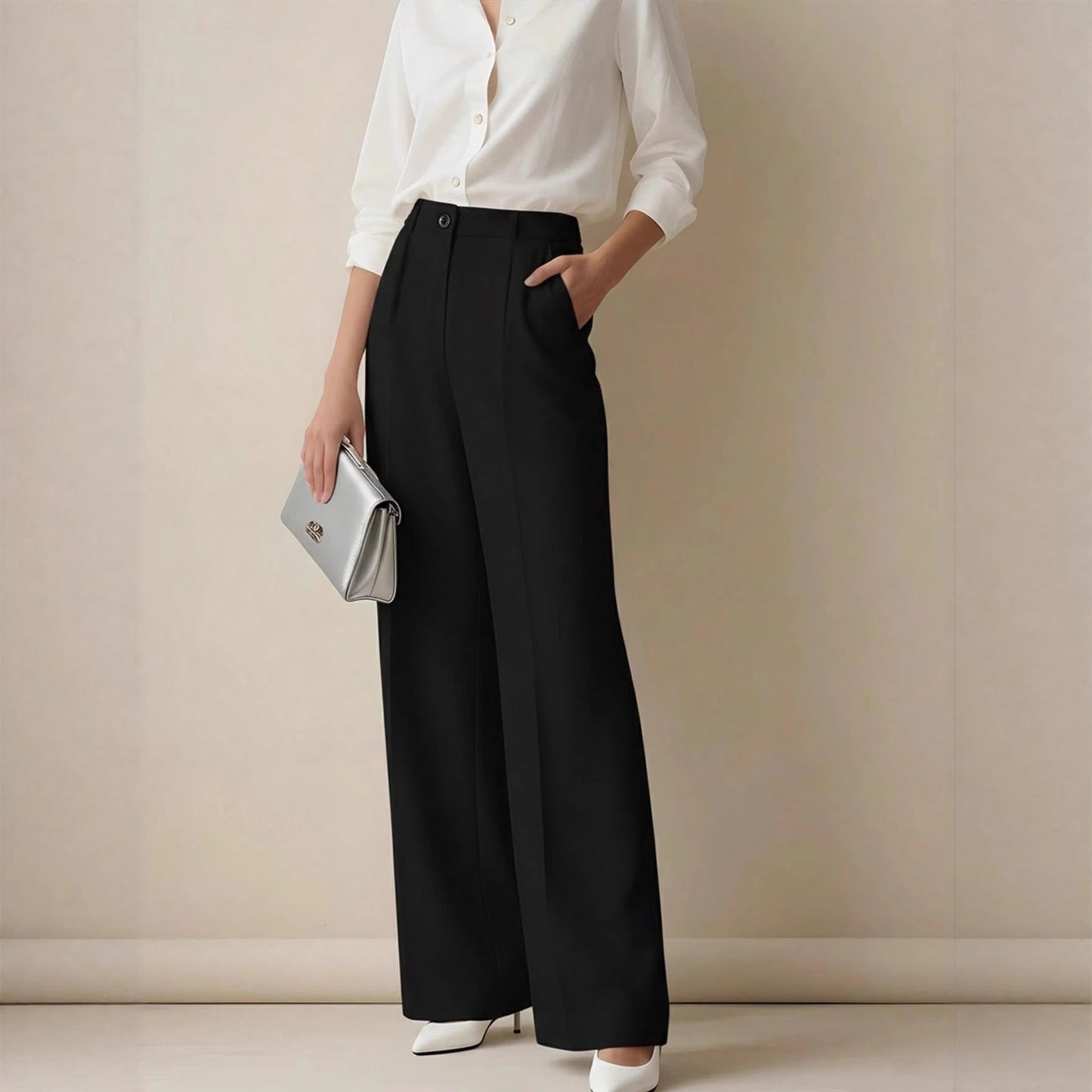 Women's High-Waist Wide-Leg Casual Pants in Black