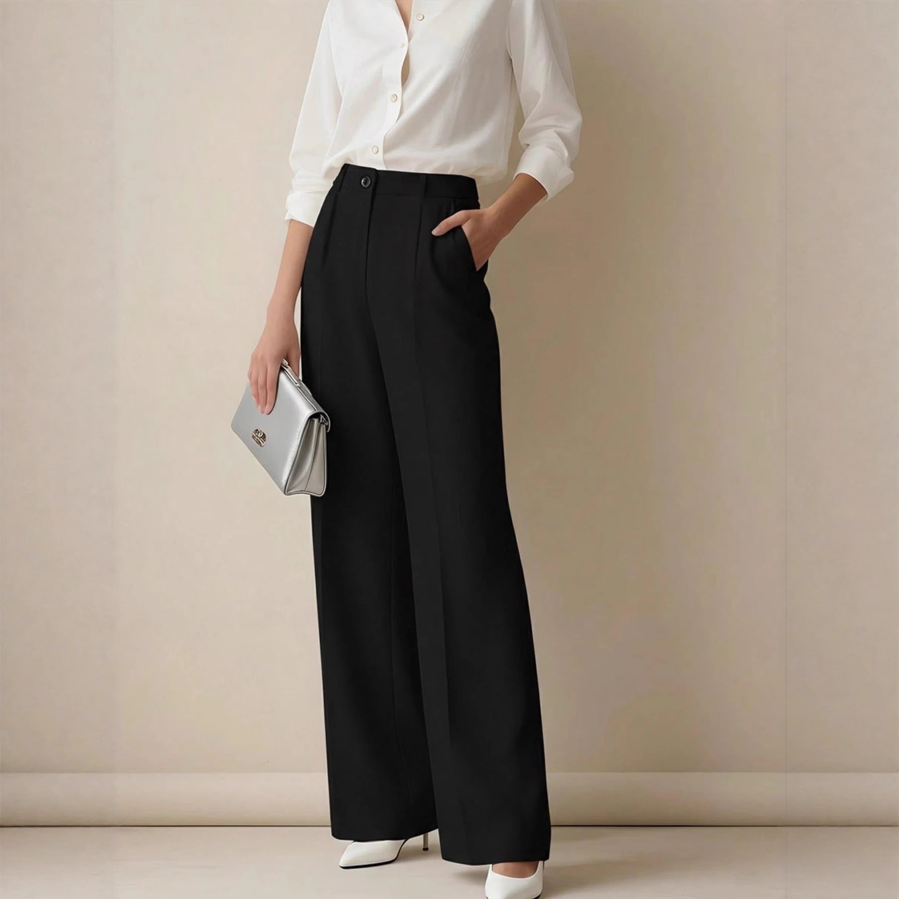 Women's High-Waist Wide-Leg Casual Pants in Black