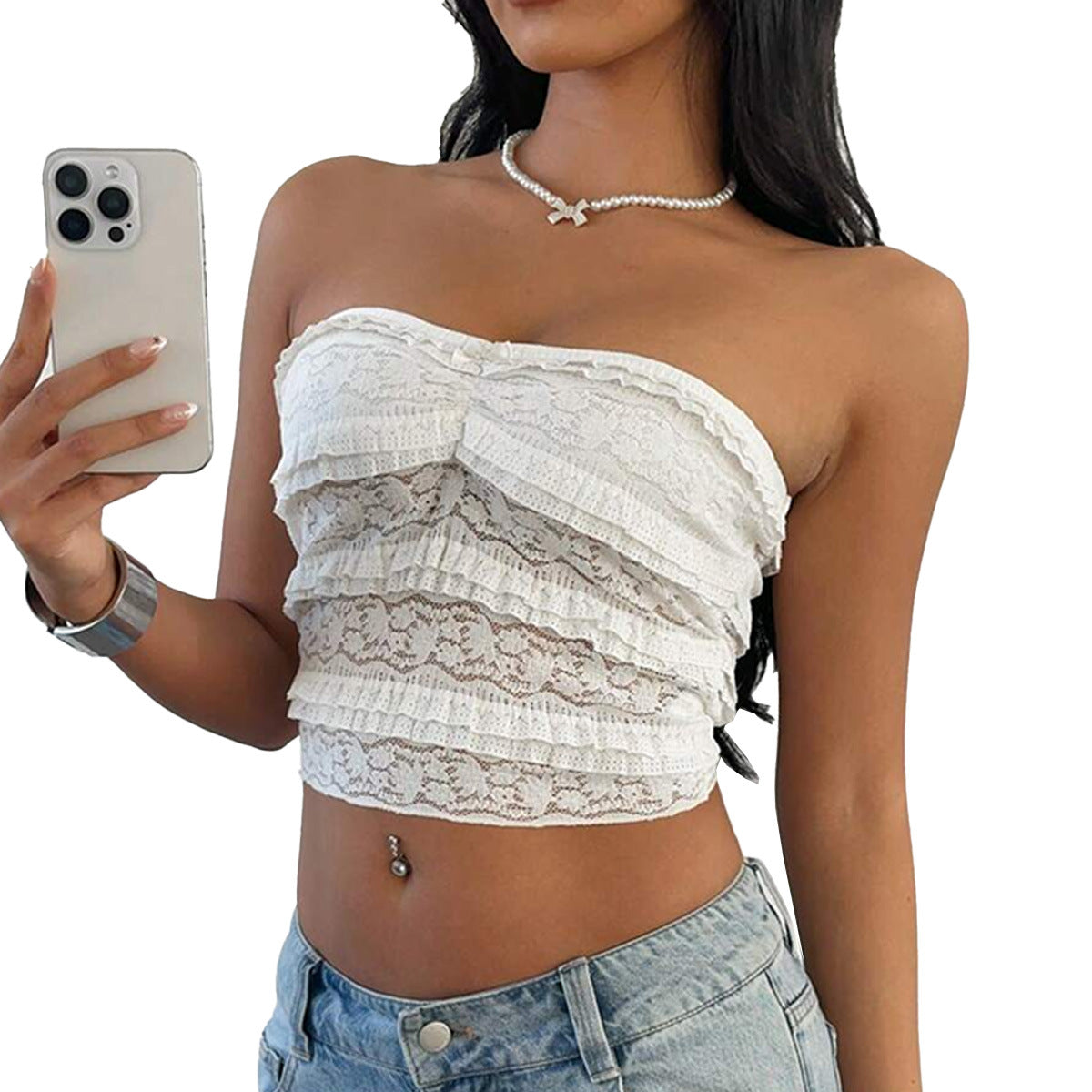 Women's white lace trim strapless tube top