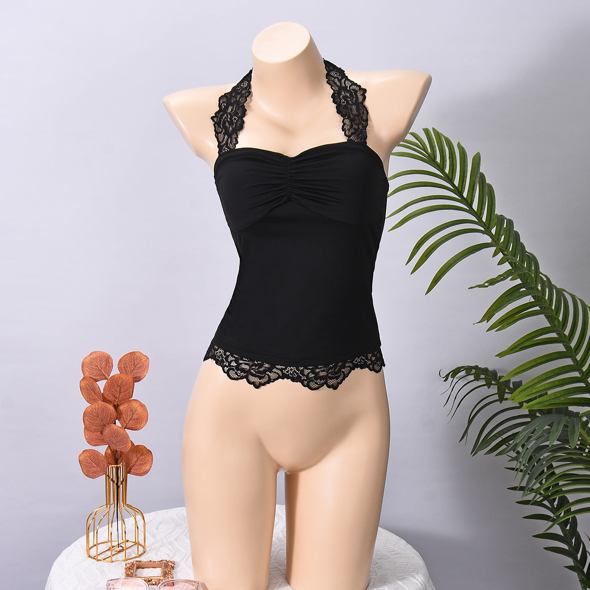 Women's black backless lace strap halter top