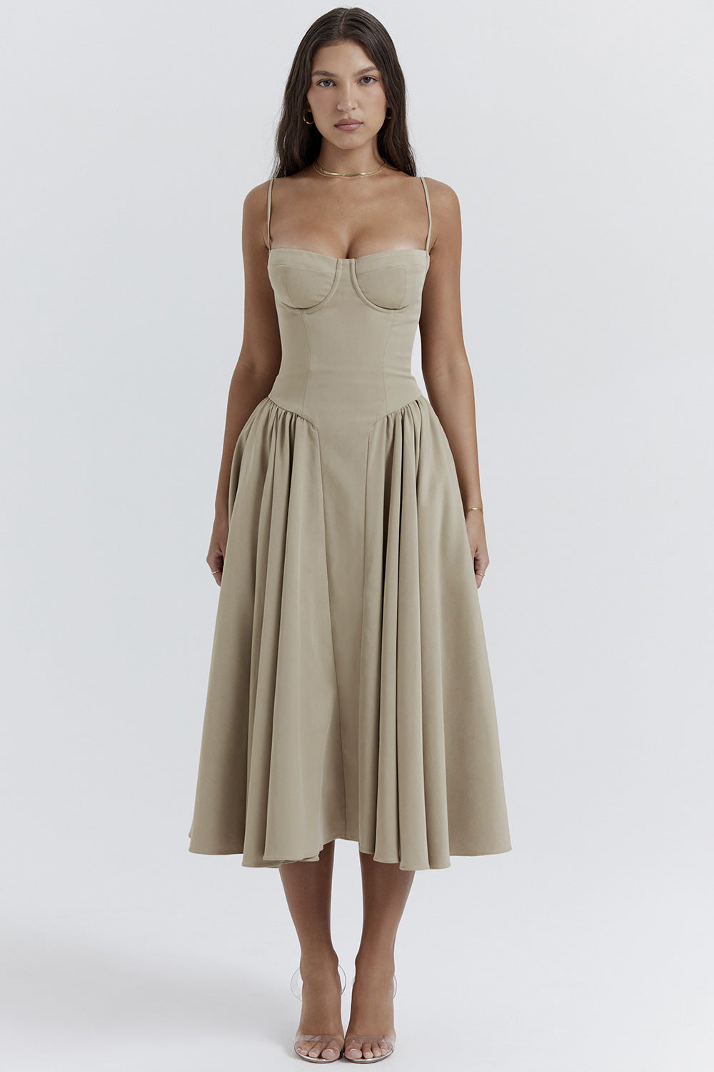 French-Inspired Retro Midi Dress with Adjustable Straps - Dark Blue