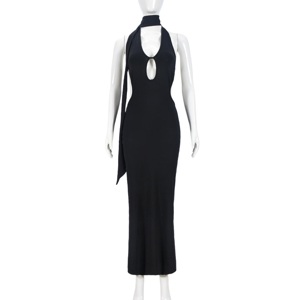 Halter Neck Backless Maxi Dress with Cutout Detail - White