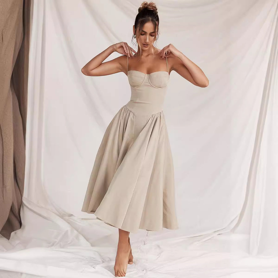 French-Inspired Retro Midi Dress with Adjustable Straps - Khaki