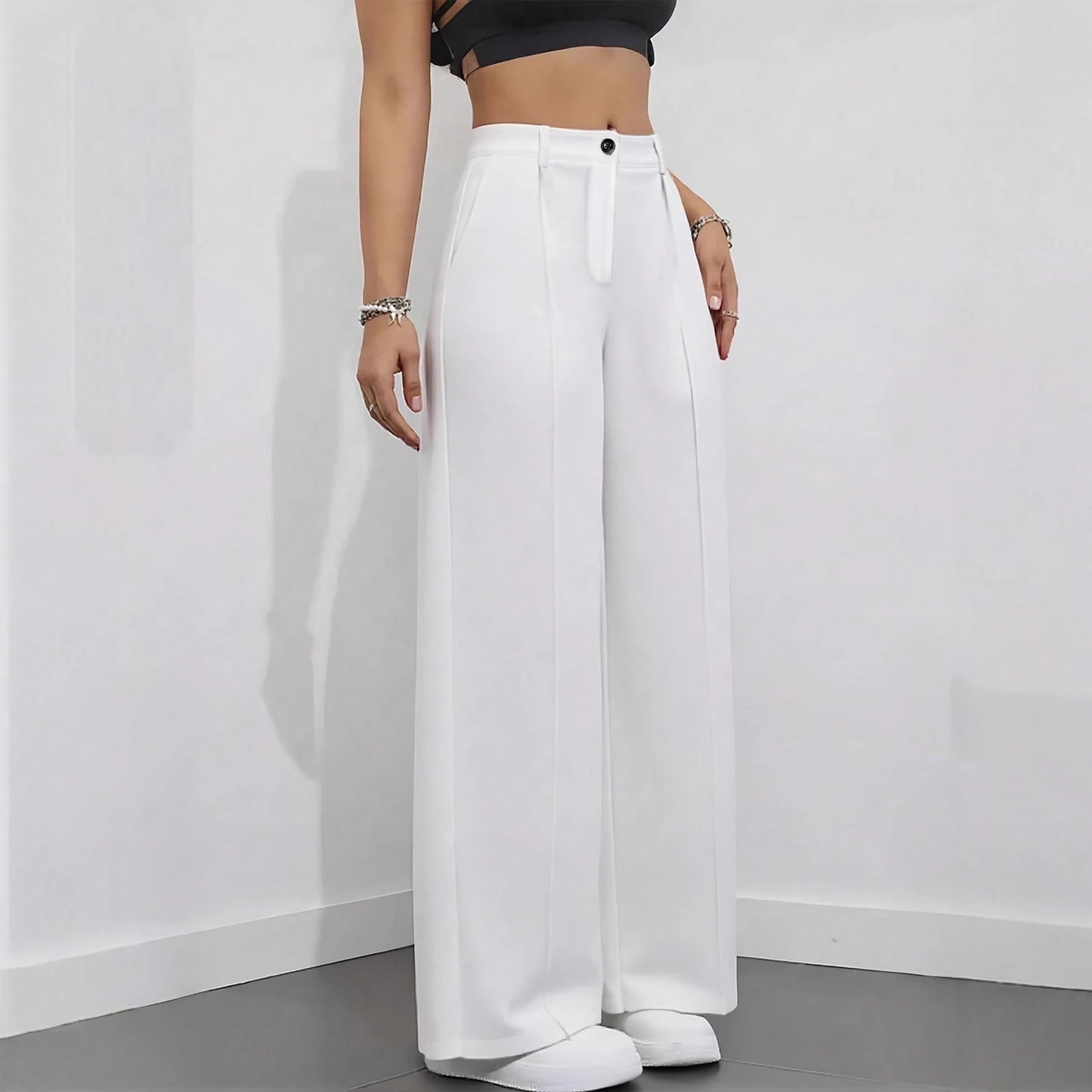 Women's High-Waist Wide-Leg Casual Pants in Black