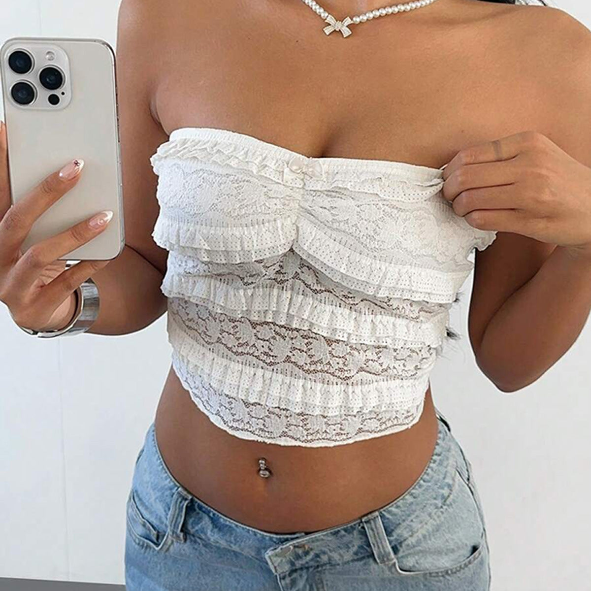 Women's white lace trim strapless tube top