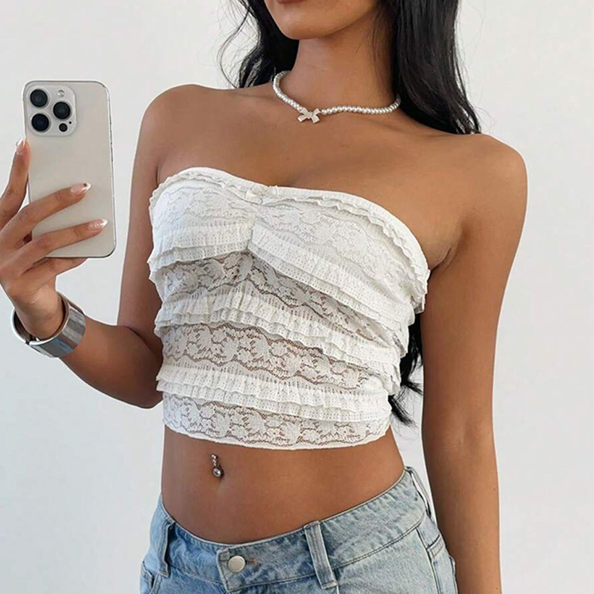 Women's white lace trim strapless tube top