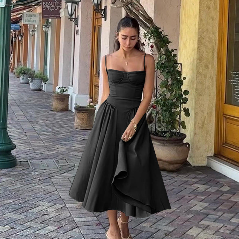 French-Inspired Retro Midi Dress with Adjustable Straps - Khaki