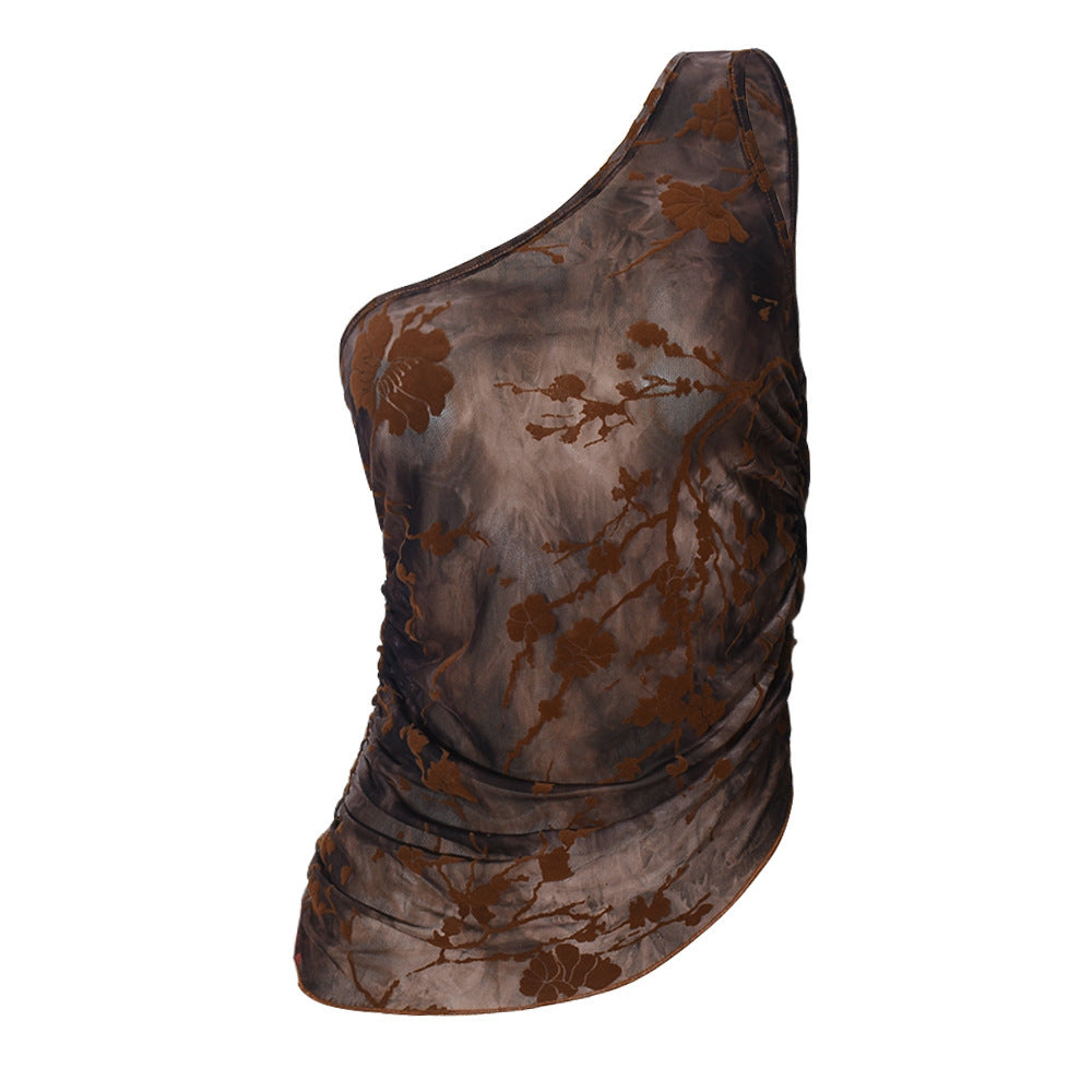 Women's One Shoulder Flocked Print Asymmetric Vest Top - Brown